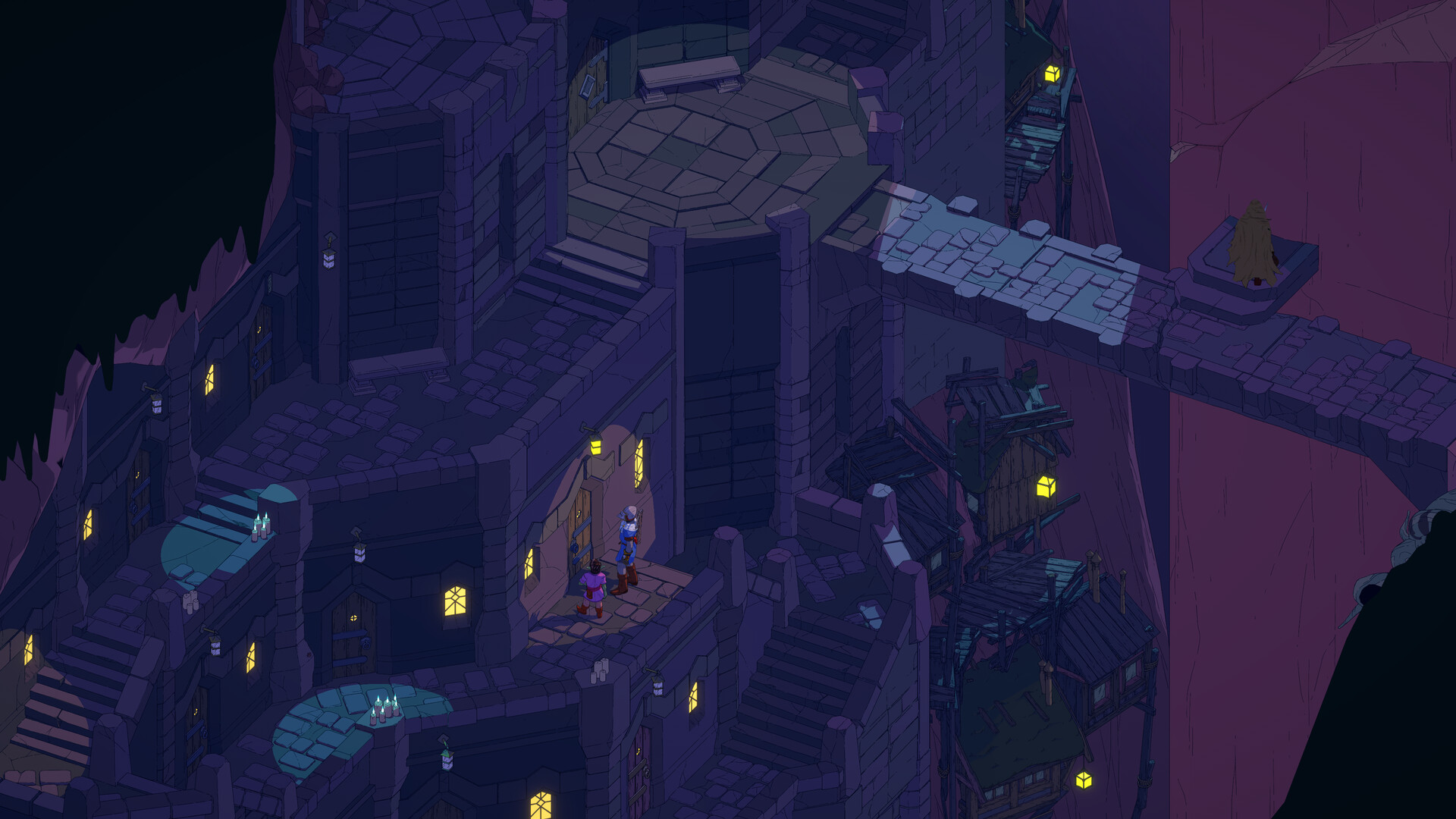 Norvik narrow alleyways at night, lit by yellow lamplight